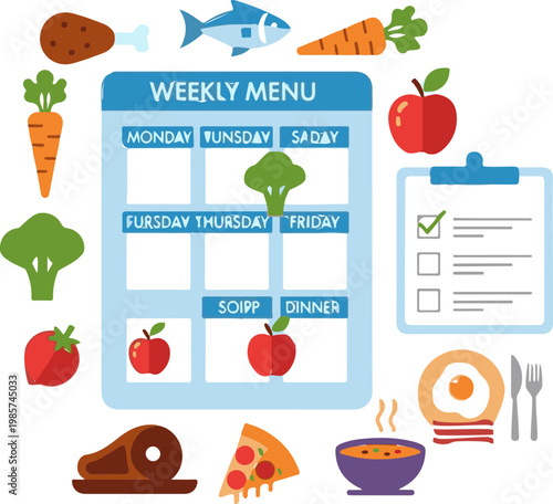 Flat design illustration of a weekly menu planner for meal preparation, healthy eating, and organized dietary management with diverse food items.