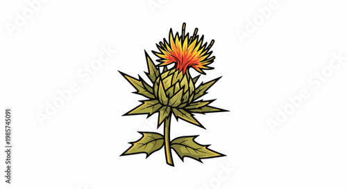 A stylized illustration of a saffron thistle with spiky green leaves and a vibrant orange-red bloom
