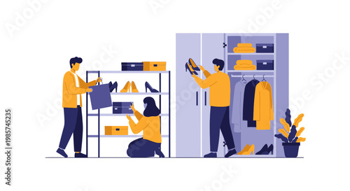 Organized Closet with People Arranging Clothes and Accessories