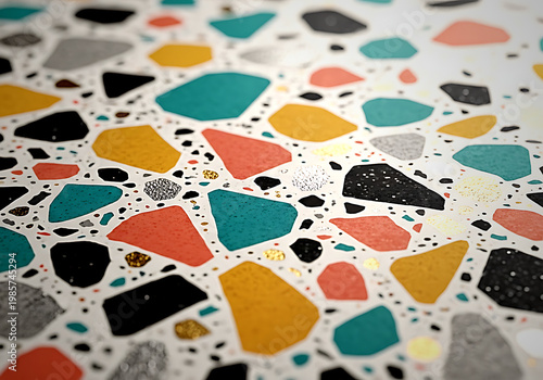 A close-up of a terrazzo surface with colorful chips