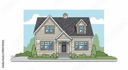 A stylized illustration of a two-story suburban house with a light-colored exterior