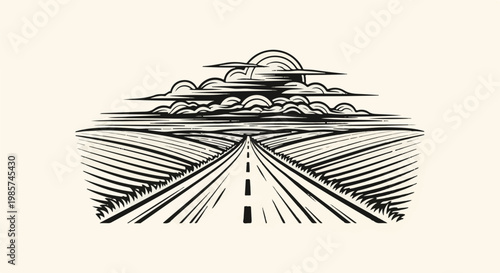 A stylized graphic depicts a long, empty road vanishing into the distance