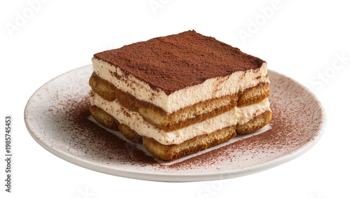 Photos Layered tiramisu dessert dusted with cocoa powder on a plate, isolated on transp