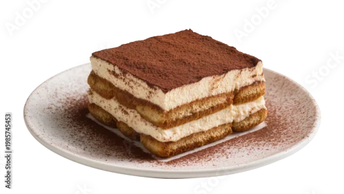 Panel kuchenny z motywem Layered tiramisu dessert dusted with cocoa powder on a plate, isolated on transparent background