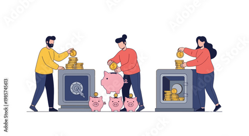 Financial Security and Saving Concept with Safe, Piggy Banks, and Coins Illustration