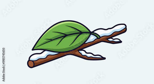 A stylized green leaf rests on a snow-dusted brown branch