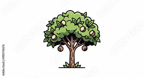 A stylized, green-leafed tree bearing light-brown fruits, with a brown trunk