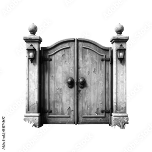 Halftone-style illustration of a decorative double gate set between two classic pillars. Each pillar is topped with a round finial and features a small hanging lantern. The gates have a gently curved 