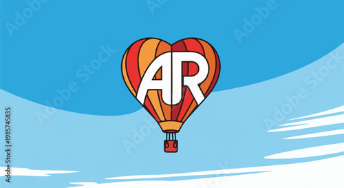 A stylized heart-shaped hot air balloon with letters "AR" floats serenely