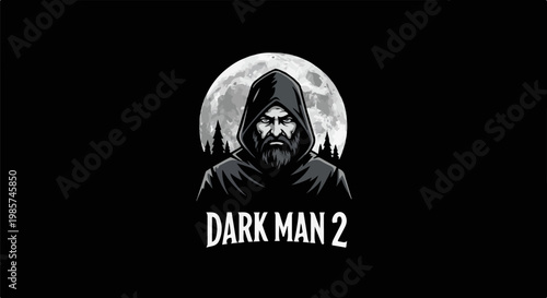 A stoic figure in a dark hood stands before a large moon