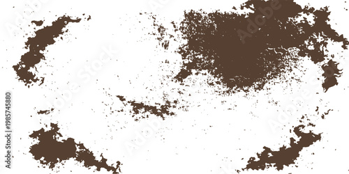 Abstract grunge background featuring a heap of dry cocoa powder and dark soil texture with stains isolated on a white background