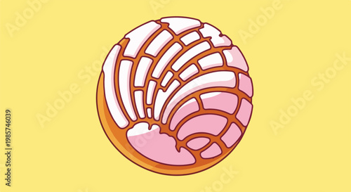A stylized concha pastry with pink and white topping on a yellow background
