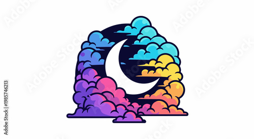 A stylized crescent moon hangs in a vibrant, gradient cloudscape of blues, purples, and yellows