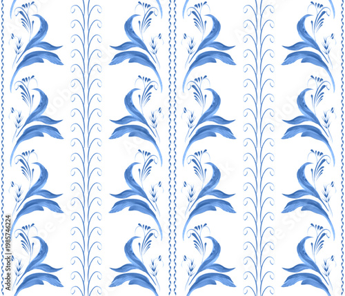 Vector floral wallpaper seamless pattern from hand painted blue leaves on a white background
