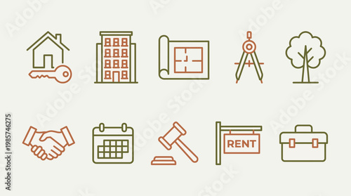 Professional Real Estate and Architectural Construction Icons Collection Featuring House Keys, Apartment Building, Blueprints, Compass Tools, Legal Gavel, and Property For Rent Signs