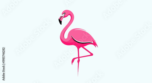 A stylized pink flamingo stands on one leg against a pale blue background