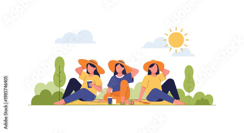 Three Friends Relaxing Outdoors on Sunny Day with Food Drinks