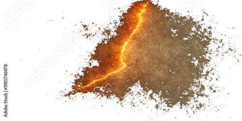 An abstract closeup of burning fire in the air reveals a heap of dry brown spice and black coffee powder texture isolated on a white background
