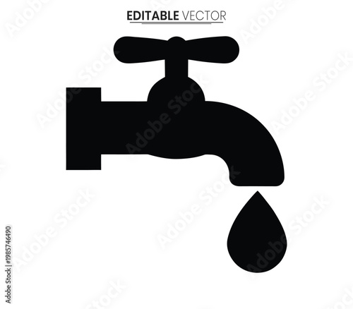 Simple black faucet design with a single water drop vector silhouette