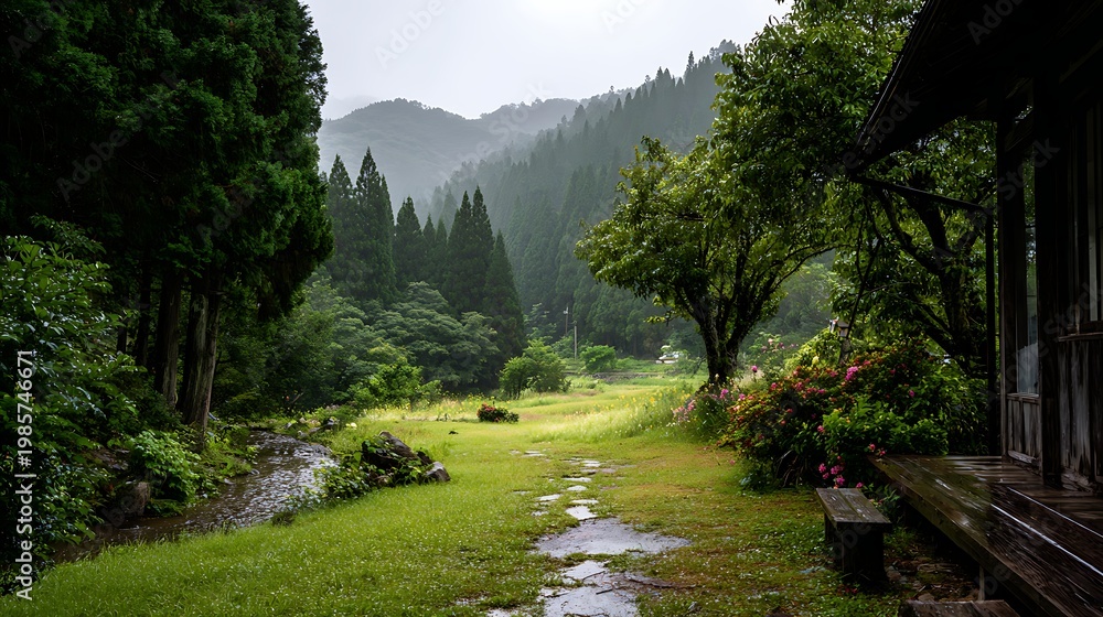 Obraz premium Lush Green Japanese Garden with Traditional Architecture