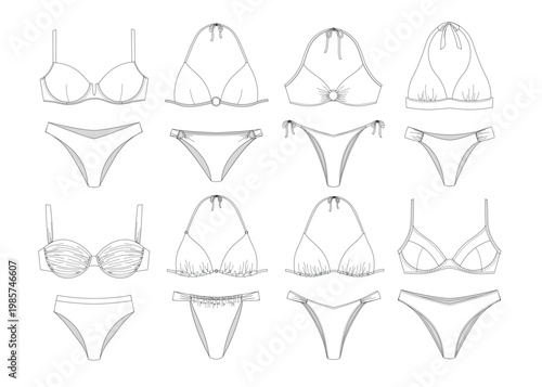 Tableau sur toile Variety of women's bikini designs - front, back, and different styles illustrate