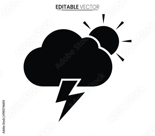 Black cloud with lightning bolt and sun rays a simple weather silhouette