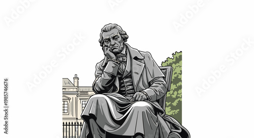 A stone statue of a pensive man in formal attire sits outdoors