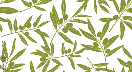Olive branch pattern, green leaves, botanical design, seamless texture, vector illustration