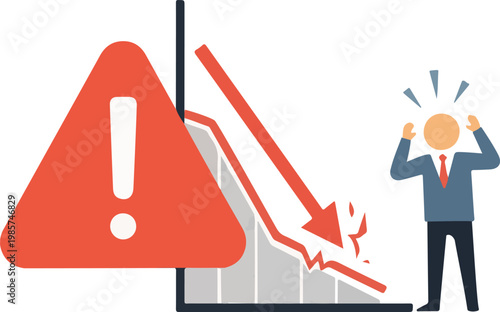 Illustration depicting a severe financial crisis or market crash causing a businessman significant stress and economic loss with a warning sign.