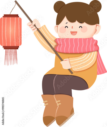 Little girl dressed in winter costume lifting lantern