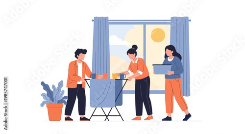 Family Doing Laundry at Home in Sunny Room