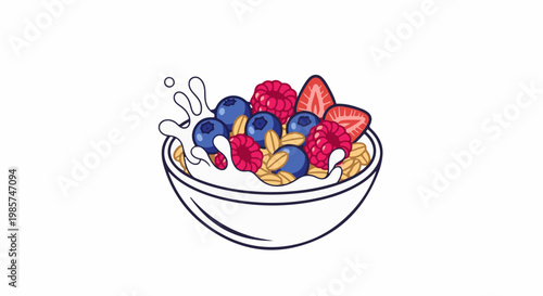 A vibrant bowl of cereal topped with fresh berries and a splash of milk