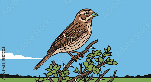 A small brown bird with green beak perches on a thorny branch