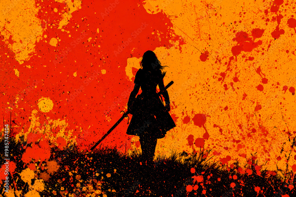 Naklejka premium Silhouette of a lone warrior woman holding a sword standing on grassy terrain against a vibrant background splattered with red and orange paint effects