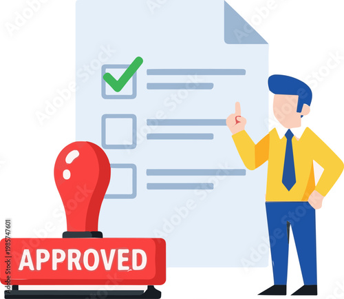 Professional office worker standing beside a large rubber stamp indicating that a business document has been officially and successfully approved