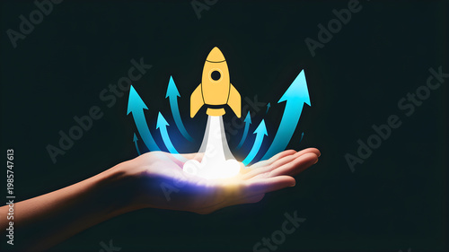 Human hand holding a glowing yellow rocket launching upward with blue arrows on dark background