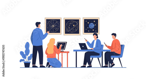 Team of professionals analyzing star charts and celestial data in a modern workspace