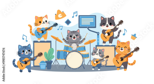 Vector illustration of a cute cartoon cat musical band featuring kittens playing acoustic guitars and a drum kit with musical notes and speakers on a white background.