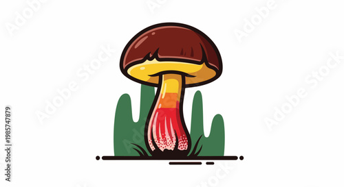 A vibrant cartoon mushroom with a red cap and colorful stem in green grass
