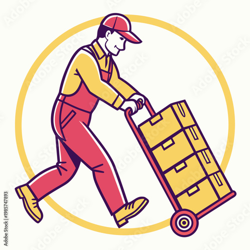 Delivery man pushing hand truck with cargo boxes.