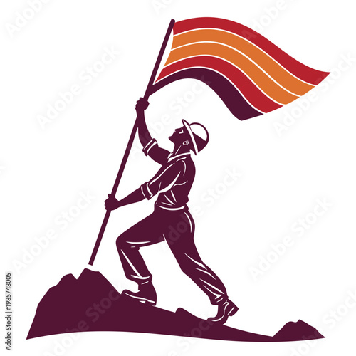 Man holding flag on rocks success symbol.