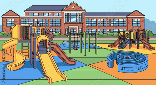 A vibrant cartoon schoolyard with playground equipment and building