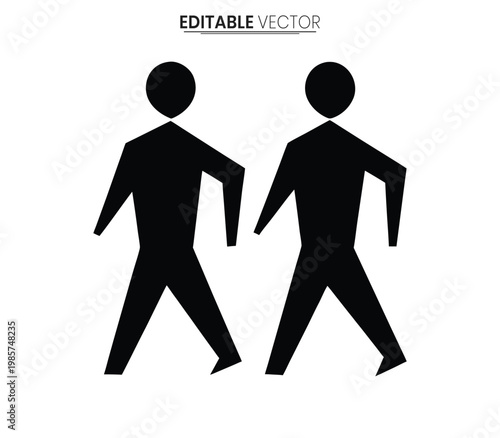 Two black stick figure people walking a simple vector illustration silhouette