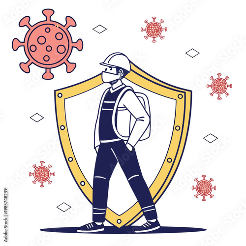 Industrial worker protected from virus with shield.