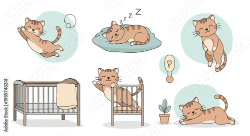 Collection of cartoon ginger tabby cats in a nursery setting featuring a wooden baby crib, with kittens sleeping, stretching, and playing in various poses on a white background.