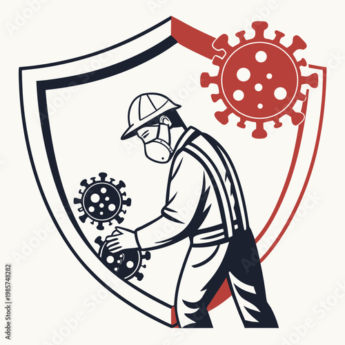 Industrial worker protected from virus shield emblem.