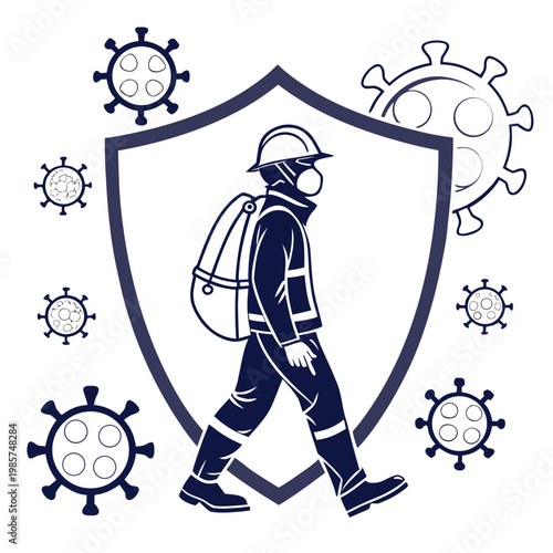 Industrial worker protected from virus shield emblem.