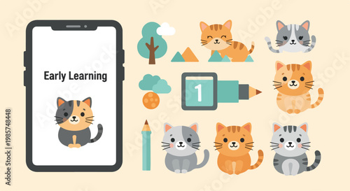 Set of vector illustrations featuring cute cartoon cats, kittens, and educational elements like a smartphone screen with Early Learning text, colorful pencils, trees, and number icons.