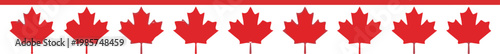 Several red maple leaves arranged in a horizontal row on a white background representing the official symbol of canada