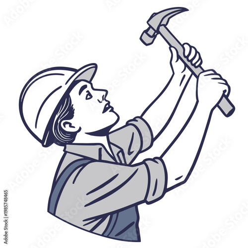 Vintage style worker in hardhat swinging a hammer.